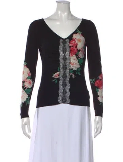 Pre-owned Blumarine Floral Print V-neck Top In Black