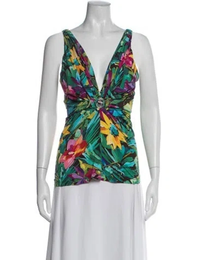 Pre-owned Blumarine Floral Print V-neck Top In Green
