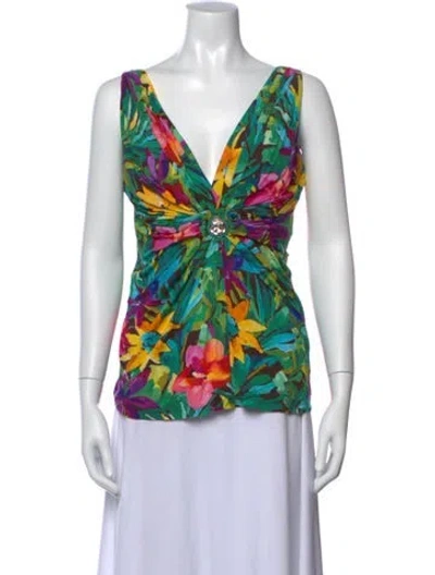 Pre-owned Blumarine Floral Print V-neck Top In Green