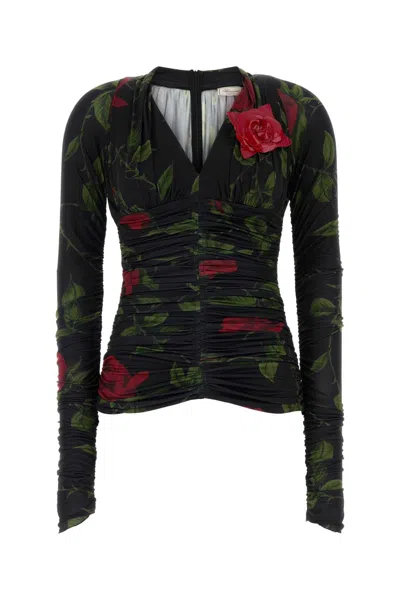 Blumarine Floral Printed Stretch T-shirt Top In Purple