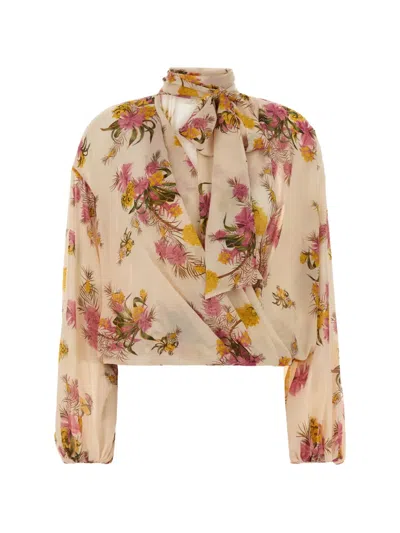 Blumarine Floral Printed Tied-neck Georgette Top In Neutral