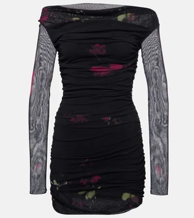 Blumarine Floral Ruched Mesh Minidress In F9908 Black/cactus F