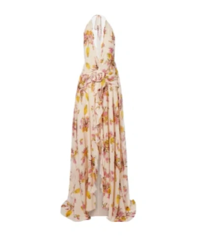 Blumarine Floral Ruffled Georgette Gown In Brown