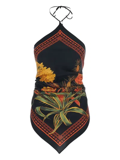 Blumarine Floral Scarf Top In Black