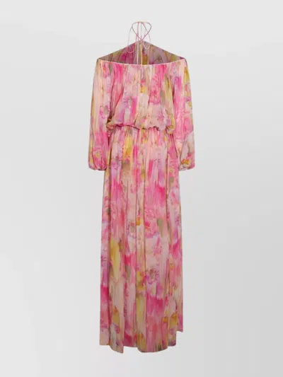 Blumarine Floral Sheer Overlay Dress With Off-shoulder Design In Pink/vivid Rose