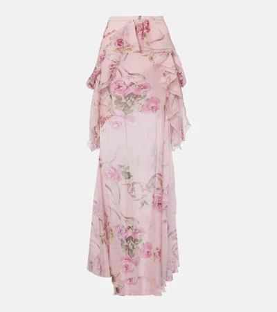 Blumarine Floral Silk Creponne Maxi Skirt In Pink