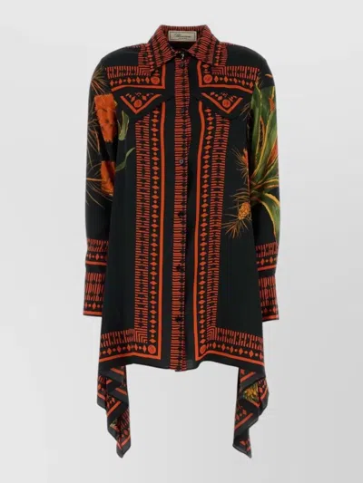 Blumarine Floral Twill Shirt Dress Asymmetric Hem In Brown