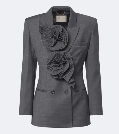 Blumarine Pleated Rose-embellished Blazer In Gray