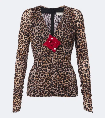 Blumarine Floral-appliqué Leopard-print Jersey Top In Brown