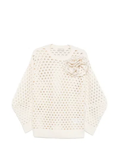 Blumarine Ivory Openwork Wool Cardigan In Neutral