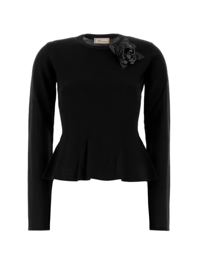 Blumarine Floral-appliqué Peplum Sweater In Black