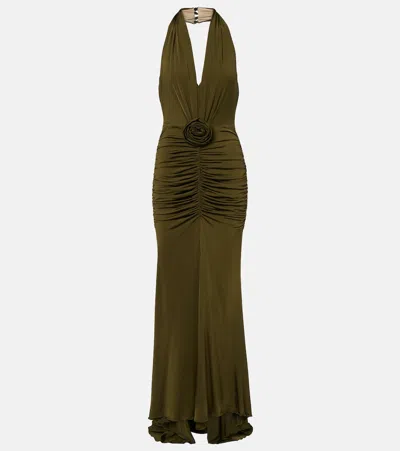 Blumarine Floral-appliqué Ruched Maxi Dress In Green