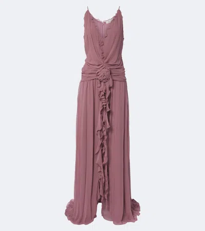 Blumarine Floral-appliqué Ruffled Georgette Gown In Animal Print