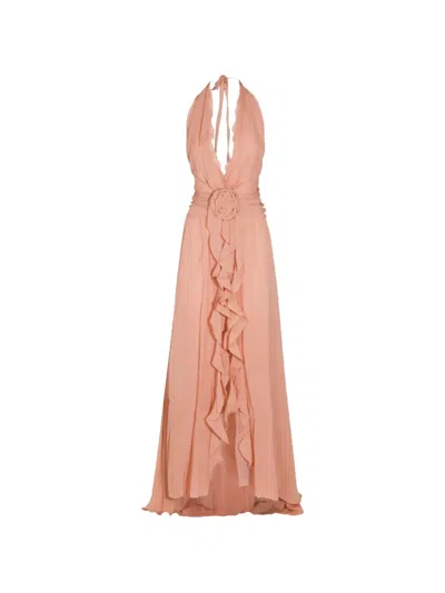 Blumarine Floral-appliqué Ruffled Maxi Dress In Brown