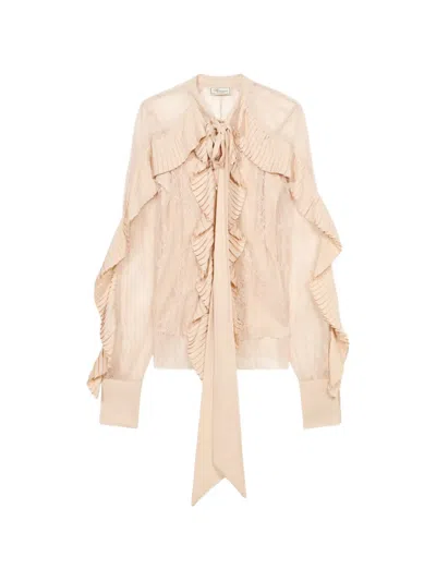 Blumarine Floral-lace Pleated-flounce Shirt In Neutral