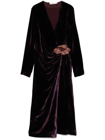Blumarine Fluid Velvet Midi Wrap Dress In Prunered