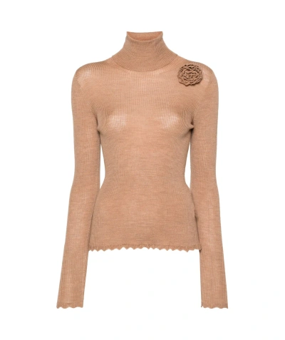 Blumarine Floral-brooch Roll-neck Jumper In Nude