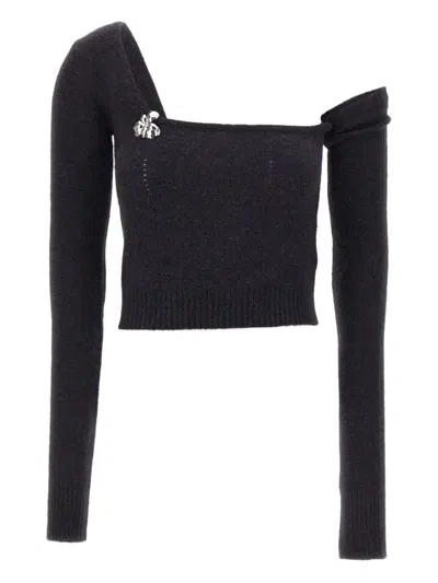 Blumarine Flower-embellished One-shoulder Sweater In Black