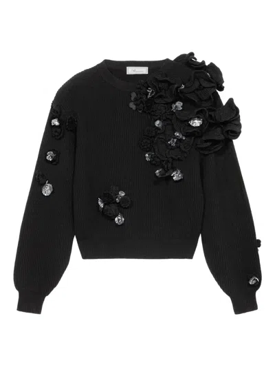 Blumarine Flower-embellished Ribbed Sweater In Black