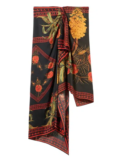 Blumarine Black Orange Floral Print Asymmetric Skirts In Brown