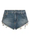 Blumarine Denim Shorts With Frayed Hem And Embellishments In Blue