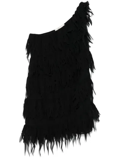 Blumarine Fringed Georgette Mini Dress In Black