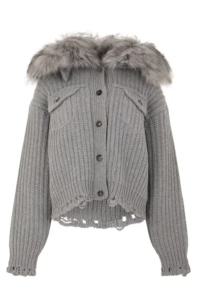 Blumarine Fur-collar Wool-cashmere Cardigan In Gray