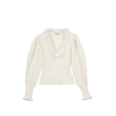 Blumarine Fur-detail Ribbed-knit Sweater In White