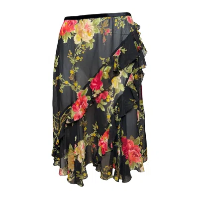 Pre-owned Blumarine F/w 1999 Floral Print Silk Wrap Skirt In Black