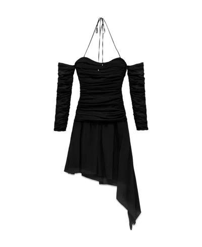 Blumarine Gathered-detail Sheer Asymmetric Dress In Black