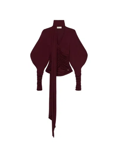 Blumarine Jersey Blouse With Gathering And Stole In Burgundy