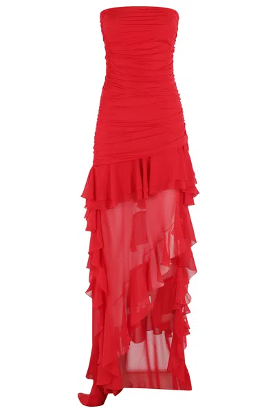 Blumarine Strapless Organza Dress W/ruffles In Lipstick Red