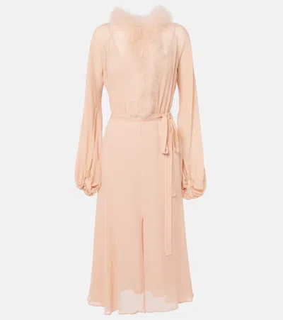 Blumarine Georg Feather-trimmed Midi Dress In Eyeshadow Pink