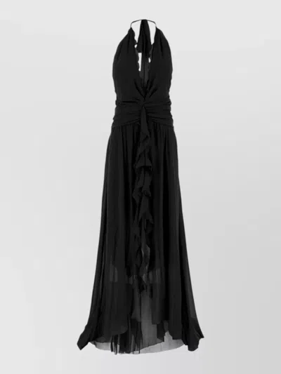 Blumarine Georgette Halter Neck Ruffle Floor Length Dress In Black