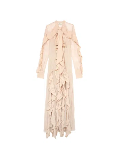 Blumarine Georgette Lace Pleated-flounce Maxi Dress In Neutral
