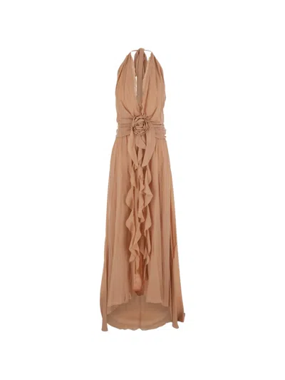 Blumarine Georgette Maxi Dress In Brown