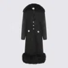 Blumarine Long Structured Coat With Floral Embellishments And Silver Buttons In Black