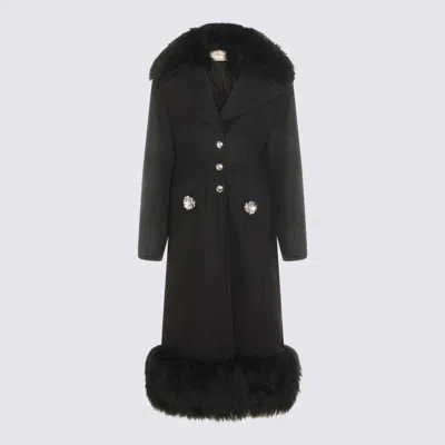 Blumarine Long Structured Coat With Floral Embellishments And Silver Buttons In Black
