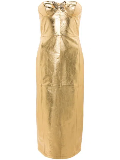 BLUMARINE GOLD-TONE BUTTERFLY-PIN LEATHER DRESS