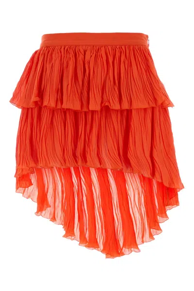 Blumarine Crepe Mini Skirt Asymmetric Hem Ruffles Pleats In Orange