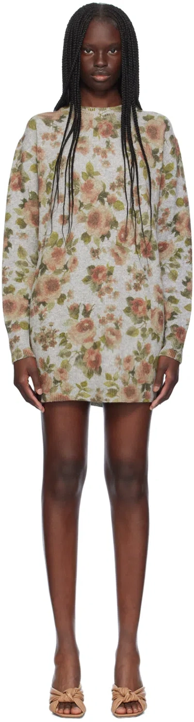 Blumarine Grey & Green Floral Minidress In F9131 Flint Grey/cam