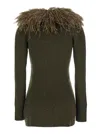 Blumarine Green Cardigan With Removable Feather Collar In Wool Woman