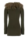 Blumarine Green Cardigan With Removable Feather Collar In Wool Woman In Green