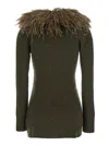 Blumarine Green Cardigan With Removable Feather Collar In Wool Woman