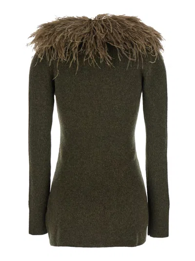 Blumarine Green Cardigan With Removable Feather Collar In Wool Woman