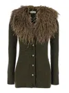 Blumarine Green Cardigan With Removable Feather Collar In Wool Woman
