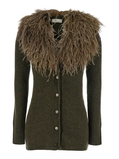 Blumarine Green Cardigan With Removable Feather Collar In Wool Woman