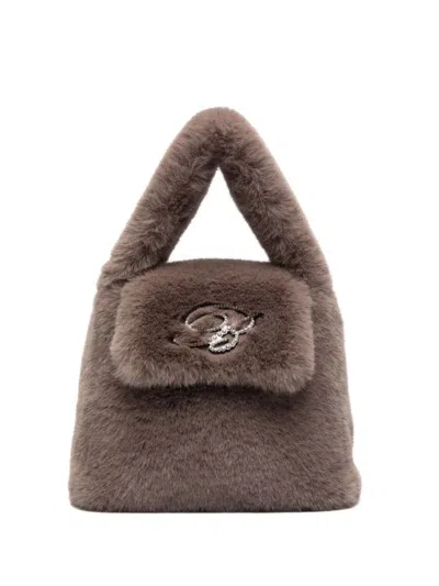 Blumarine Green Faux Fur Mini Bag With Flap And Logo In Dove Grey