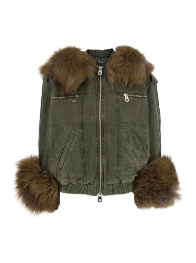 BLUMARINE GREEN JACKET WITH REMOVABLE FUR DETAILS IN COTTON WOMAN