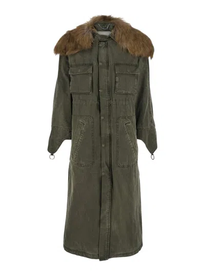 BLUMARINE GREEN LONG COAT WITH REMOVABLE FUR DETAIL IN COTTON WOMAN
